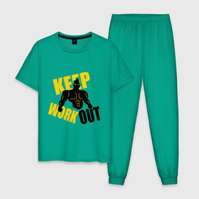 Мужская пижама хлопок с принтом Keep workout (тренируйся) в Белгороде, 100% хлопок | брюки и футболка прямого кроя, без карманов, на брюках мягкая резинка на поясе и по низу штанин
 | keep | out | work | тренируйся