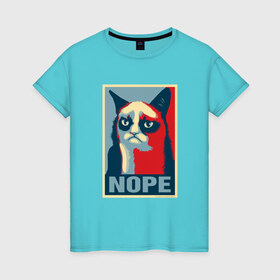 Женская футболка хлопок с принтом Grumpy Cat NOPE в Белгороде, 100% хлопок | прямой крой, круглый вырез горловины, длина до линии бедер, слегка спущенное плечо | grumpy cat | nope