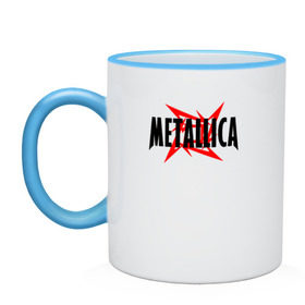 Кружка двухцветная с принтом Metallica logo в Белгороде, керамика | объем — 330 мл, диаметр — 80 мм. Цветная ручка и кайма сверху, в некоторых цветах — вся внутренняя часть | Тематика изображения на принте: 