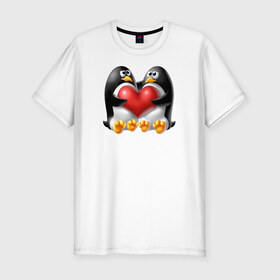 Мужская футболка премиум с принтом Влюбленные пингвины в Белгороде, 92% хлопок, 8% лайкра | приталенный силуэт, круглый вырез ворота, длина до линии бедра, короткий рукав | . любовь | влюбленные пингвины с сердцемвлюбленные | пингвины | сердце