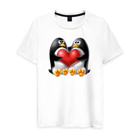 Мужская футболка хлопок с принтом Влюбленные пингвины в Белгороде, 100% хлопок | прямой крой, круглый вырез горловины, длина до линии бедер, слегка спущенное плечо. | . любовь | влюбленные пингвины с сердцемвлюбленные | пингвины | сердце