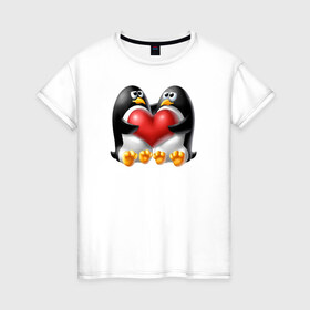 Женская футболка хлопок с принтом Влюбленные пингвины в Белгороде, 100% хлопок | прямой крой, круглый вырез горловины, длина до линии бедер, слегка спущенное плечо | . любовь | влюбленные пингвины с сердцемвлюбленные | пингвины | сердце