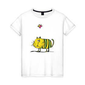 Женская футболка хлопок с принтом Кот и бабочка в Белгороде, 100% хлопок | прямой крой, круглый вырез горловины, длина до линии бедер, слегка спущенное плечо | 