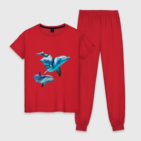 Женская пижама хлопок с принтом Дельфины в Белгороде, 100% хлопок | брюки и футболка прямого кроя, без карманов, на брюках мягкая резинка на поясе и по низу штанин | die antwoord