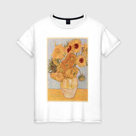 Женская футболка хлопок с принтом ArtJersey в Белгороде, 100% хлопок | прямой крой, круглый вырез горловины, длина до линии бедер, слегка спущенное плечо | винсент ван гог «подсолнухи»@