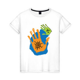 Женская футболка хлопок с принтом Ладони. Этно 2 в Белгороде, 100% хлопок | прямой крой, круглый вырез горловины, длина до линии бедер, слегка спущенное плечо | ethno | hands | ладони | руки | символы