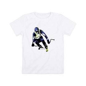 Детская футболка хлопок с принтом Лыжник в Белгороде, 100% хлопок | круглый вырез горловины, полуприлегающий силуэт, длина до линии бедер | горнолыжная тема | горнолыжник спускается с горыочки | лыжи | лыжник | палки | спорт | шлем