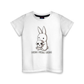Детская футболка хлопок с принтом Кролик с черепом в Белгороде, 100% хлопок | круглый вырез горловины, полуприлегающий силуэт, длина до линии бедер | @ | заяц | картинка | кролик | прикол | череп