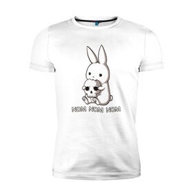Мужская футболка премиум с принтом Кролик с черепом в Белгороде, 92% хлопок, 8% лайкра | приталенный силуэт, круглый вырез ворота, длина до линии бедра, короткий рукав | Тематика изображения на принте: @ | заяц | картинка | кролик | прикол | череп