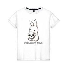 Женская футболка хлопок с принтом Кролик с черепом в Белгороде, 100% хлопок | прямой крой, круглый вырез горловины, длина до линии бедер, слегка спущенное плечо | @ | заяц | картинка | кролик | прикол | череп