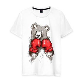 Мужская футболка хлопок с принтом Russia boxing в Белгороде, 100% хлопок | прямой крой, круглый вырез горловины, длина до линии бедер, слегка спущенное плечо. | boxing | бокс | медведь | мишка | перчатки | спорт
