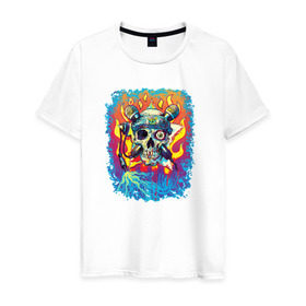 Мужская футболка хлопок с принтом Music Skull в Белгороде, 100% хлопок | прямой крой, круглый вырез горловины, длина до линии бедер, слегка спущенное плечо. | Тематика изображения на принте: череп