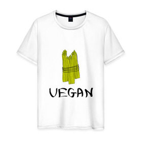Мужская футболка хлопок с принтом Веган в Белгороде, 100% хлопок | прямой крой, круглый вырез горловины, длина до линии бедер, слегка спущенное плечо. | @ | веган | вегетарианство | как символ сыроеденияпитание | на макете изображена стилизованная спаржа | спаржа | спорт