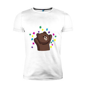 Мужская футболка премиум с принтом Стикер Line мишка в Белгороде, 92% хлопок, 8% лайкра | приталенный силуэт, круглый вырез ворота, длина до линии бедра, короткий рукав | Тематика изображения на принте: медведь | радость | стикер line
