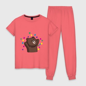 Женская пижама хлопок с принтом Стикер Line мишка в Белгороде, 100% хлопок | брюки и футболка прямого кроя, без карманов, на брюках мягкая резинка на поясе и по низу штанин | медведь | радость | стикер line