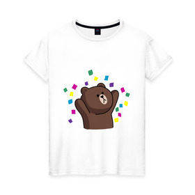 Женская футболка хлопок с принтом Стикер Line мишка в Белгороде, 100% хлопок | прямой крой, круглый вырез горловины, длина до линии бедер, слегка спущенное плечо | медведь | радость | стикер line