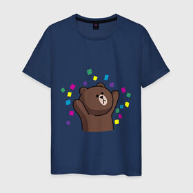 Мужская футболка хлопок с принтом Стикер Line мишка в Белгороде, 100% хлопок | прямой крой, круглый вырез горловины, длина до линии бедер, слегка спущенное плечо. | Тематика изображения на принте: медведь | радость | стикер line