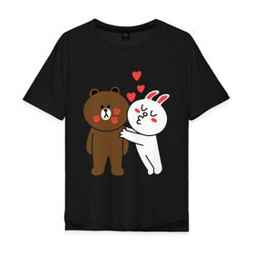 Мужская футболка хлопок Oversize с принтом Стикер Line в Белгороде, 100% хлопок | свободный крой, круглый ворот, “спинка” длиннее передней части | Тематика изображения на принте: заяц | медведь | поцелуй | сердечки | стикер line