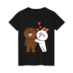 Женская футболка хлопок с принтом Стикер Line в Белгороде, 100% хлопок | прямой крой, круглый вырез горловины, длина до линии бедер, слегка спущенное плечо | заяц | медведь | поцелуй | сердечки | стикер line