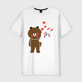 Мужская футболка премиум с принтом Стикер Line в Белгороде, 92% хлопок, 8% лайкра | приталенный силуэт, круглый вырез ворота, длина до линии бедра, короткий рукав | заяц | медведь | поцелуй | сердечки | стикер line