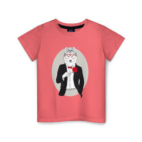 Детская футболка хлопок с принтом Волк в смокинге в Белгороде, 100% хлопок | круглый вырез горловины, полуприлегающий силуэт, длина до линии бедер | джентльмен | костюм | хипстер