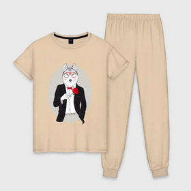 Женская пижама хлопок с принтом Волк в смокинге в Белгороде, 100% хлопок | брюки и футболка прямого кроя, без карманов, на брюках мягкая резинка на поясе и по низу штанин | джентльмен | костюм | хипстер
