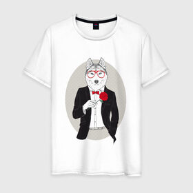 Мужская футболка хлопок с принтом Волк в смокинге в Белгороде, 100% хлопок | прямой крой, круглый вырез горловины, длина до линии бедер, слегка спущенное плечо. | Тематика изображения на принте: джентльмен | костюм | хипстер