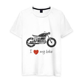 Мужская футболка хлопок с принтом Люблю свой байк в Белгороде, 100% хлопок | прямой крой, круглый вырез горловины, длина до линии бедер, слегка спущенное плечо. | love | байк | байкер | люблю | мотоцикл | мотоциклист | сердце