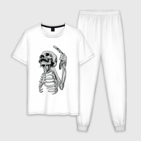 Мужская пижама хлопок с принтом Скелет с бритвой в Белгороде, 100% хлопок | брюки и футболка прямого кроя, без карманов, на брюках мягкая резинка на поясе и по низу штанин
 | Тематика изображения на принте: скелет