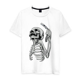 Мужская футболка хлопок с принтом Скелет с бритвой в Белгороде, 100% хлопок | прямой крой, круглый вырез горловины, длина до линии бедер, слегка спущенное плечо. | скелет