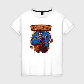 Женская футболка хлопок с принтом Печеньки в Белгороде, 100% хлопок | прямой крой, круглый вырез горловины, длина до линии бедер, слегка спущенное плечо | cookie | коржик | монстр | печенье | улица сезам