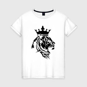 Женская футболка хлопок с принтом Тигр с короной в Белгороде, 100% хлопок | прямой крой, круглый вырез горловины, длина до линии бедер, слегка спущенное плечо | @ | tatu | корона | кот | лев | татуировка | тигр с короной в тату стиле.тигр | царь