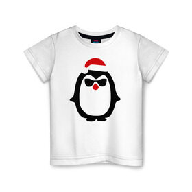 Детская футболка хлопок с принтом Крутой пингвин дед мороз в Белгороде, 100% хлопок | круглый вырез горловины, полуприлегающий силуэт, длина до линии бедер | крутой пингвин дед морозкрутой пингвин дед мороз новый год