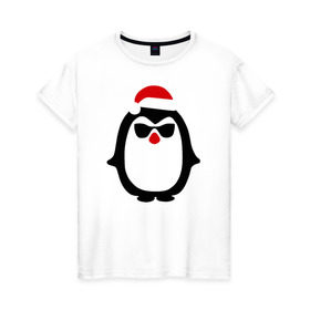 Женская футболка хлопок с принтом Крутой пингвин дед мороз в Белгороде, 100% хлопок | прямой крой, круглый вырез горловины, длина до линии бедер, слегка спущенное плечо | крутой пингвин дед морозкрутой пингвин дед мороз новый год