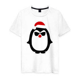 Мужская футболка хлопок с принтом Крутой пингвин дед мороз в Белгороде, 100% хлопок | прямой крой, круглый вырез горловины, длина до линии бедер, слегка спущенное плечо. | крутой пингвин дед морозкрутой пингвин дед мороз новый год
