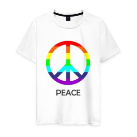 Мужская футболка хлопок с принтом Мир (Peace). Пацифик в Белгороде, 100% хлопок | прямой крой, круглый вырез горловины, длина до линии бедер, слегка спущенное плечо. | (peace) | венок | знак | на картинке изображен знак пацифик и надпись peace   мирмир | пацифик | пис