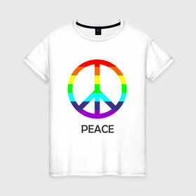 Женская футболка хлопок с принтом Мир (Peace). Пацифик в Белгороде, 100% хлопок | прямой крой, круглый вырез горловины, длина до линии бедер, слегка спущенное плечо | (peace) | венок | знак | на картинке изображен знак пацифик и надпись peace   мирмир | пацифик | пис