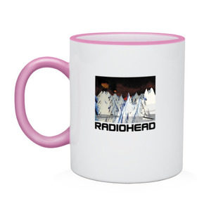Кружка двухцветная с принтом Radiohead в Белгороде, керамика | объем — 330 мл, диаметр — 80 мм. Цветная ручка и кайма сверху, в некоторых цветах — вся внутренняя часть | Тематика изображения на принте: creep | emi | radiohead | rok