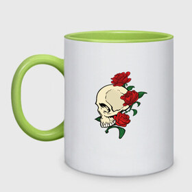 Кружка двухцветная с принтом Skull & roses в Белгороде, керамика | объем — 330 мл, диаметр — 80 мм. Цветная ручка и кайма сверху, в некоторых цветах — вся внутренняя часть | розы
