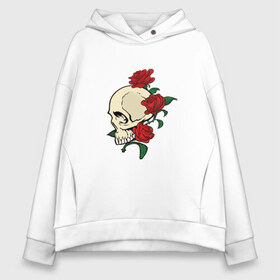 Женское худи Oversize хлопок с принтом Skull & roses в Белгороде, френч-терри — 70% хлопок, 30% полиэстер. Мягкий теплый начес внутри —100% хлопок | боковые карманы, эластичные манжеты и нижняя кромка, капюшон на магнитной кнопке | розы