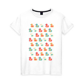 Женская футболка хлопок с принтом Утки в Белгороде, 100% хлопок | прямой крой, круглый вырез горловины, длина до линии бедер, слегка спущенное плечо | паттерн | паттерн из разноцветных утят.утки | разноцветные | утята