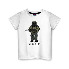 Детская футболка хлопок с принтом Сталкер в Белгороде, 100% хлопок | круглый вырез горловины, полуприлегающий силуэт, длина до линии бедер | shooter | stalker | радиация | шутер