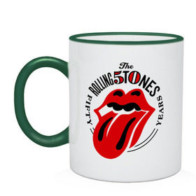 Кружка двухцветная с принтом Rolling Stones в Белгороде, керамика | объем — 330 мл, диаметр — 80 мм. Цветная ручка и кайма сверху, в некоторых цветах — вся внутренняя часть | Тематика изображения на принте: rolling stones