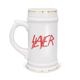 Кружка пивная с принтом Slayer logo в Белгороде,  керамика (Материал выдерживает высокую температуру, стоит избегать резкого перепада температур) |  объем 630 мл | alternative rock | pank | punk | rock | slayer | альтернативный рок | метал | панк | рок | слаер | тяжелая музыка | хард рок | хеви метал