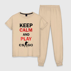 Женская пижама хлопок с принтом Keep Calm and play cs:go в Белгороде, 100% хлопок | брюки и футболка прямого кроя, без карманов, на брюках мягкая резинка на поясе и по низу штанин | calm | cs go | keep | го