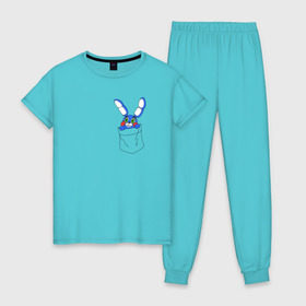 Женская пижама хлопок с принтом Toy Bonnie в кармане FNAF в Белгороде, 100% хлопок | брюки и футболка прямого кроя, без карманов, на брюках мягкая резинка на поясе и по низу штанин | fnaf | toy bonnie | карман | фнаф