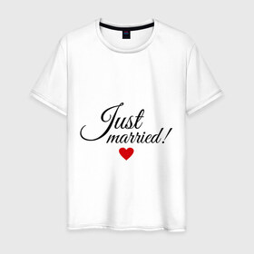 Мужская футболка хлопок с принтом Молодожёны в Белгороде, 100% хлопок | прямой крой, круглый вырез горловины, длина до линии бедер, слегка спущенное плечо. | just married | любовь | молодожёны | свадьба | семья