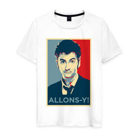 Мужская футболка хлопок с принтом Десятый доктор Allons-y! в Белгороде, 100% хлопок | прямой крой, круглый вырез горловины, длина до линии бедер, слегка спущенное плечо. | allons y | doctor who | десятый доктор | доктор кто