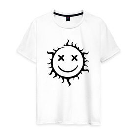 Мужская футболка хлопок с принтом Символ - позитивное солнце в Белгороде, 100% хлопок | прямой крой, круглый вырез горловины, длина до линии бедер, слегка спущенное плечо. | звезда | позитив | прикольный | смайл | солнце | улыбка
