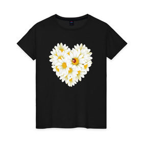 Женская футболка хлопок с принтом Цветущее сердце в Белгороде, 100% хлопок | прямой крой, круглый вырез горловины, длина до линии бедер, слегка спущенное плечо | любовь | ромашки | сердце | цветы